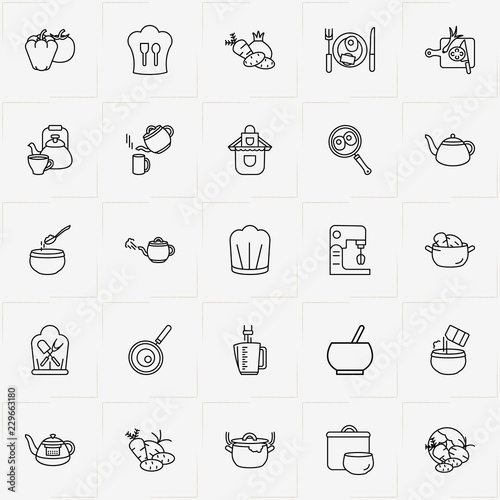 Cooking line icon set with mixer , omelette on plate and vegetables in saucepan