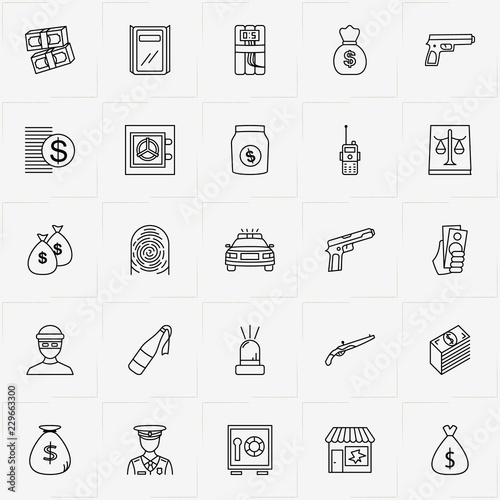Criminal line icon set with broken window , molotov cocktail  and portable radio