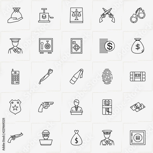 Criminal line icon set with policeman , finger print  and molotov cocktail