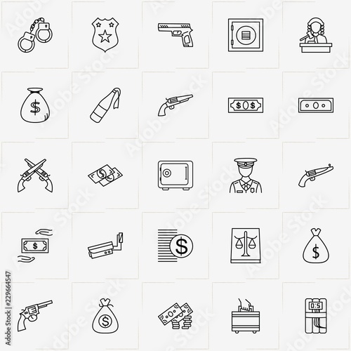 Criminal line icon set with justice , gun  and safe