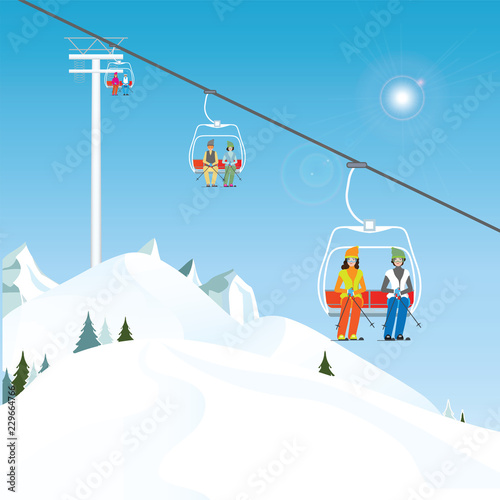 Winter ski resort with skiers on a ski-lift.