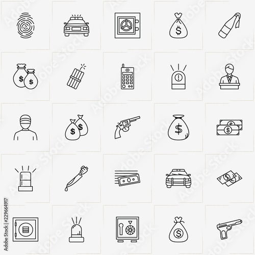 Criminal line icon set with money, molotov cocktail  and portable radio