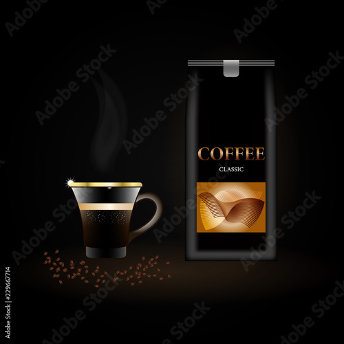 coffee packaging template, coffee Cup with steam on dark background