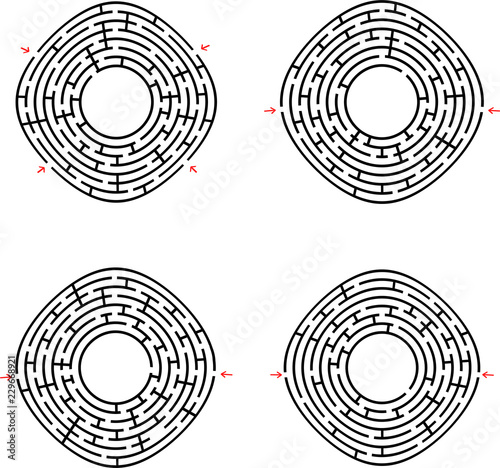 Black abstract round maze with a place for your drawing. Set of four puzzles. An interesting and useful game for children. Simple flat vector illustration isolated on white background.