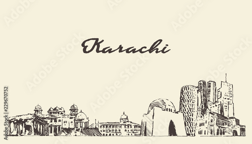 Karachi skyline, Pakistan vector city drawn sketch