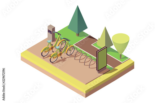 Bicycle parking in park near alley, walking path.