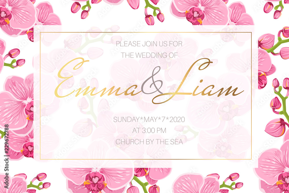 Wedding event invitation card template. Rectangular border frame decorated with bright pink purple orchid phalaenopsis exotic flowers. Luxury shiny gold gradient text placeholder. White background.