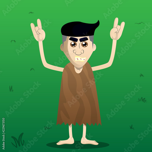 Cartoon caveman with hands in rocker pose. Vector illustration of a man from the stone age.