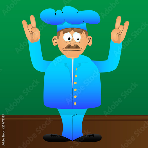 Fat male cartoon chef in uniform with hands in rocker pose. Vector illustration.
