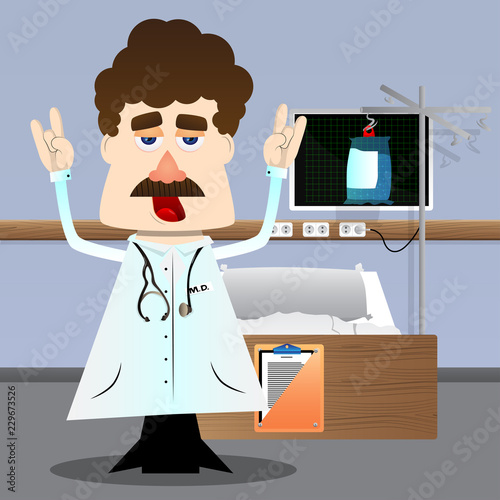 Funny cartoon doctor with hands in rocker pose. Vector illustration.