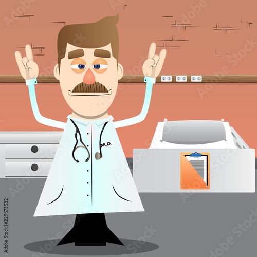 Funny cartoon doctor with hands in rocker pose. Vector illustration.