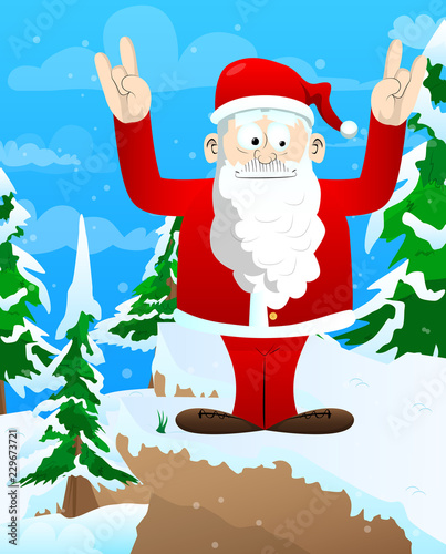 Santa Claus in his red clothes with white beard with hands in rocker pose. Vector cartoon character illustration.