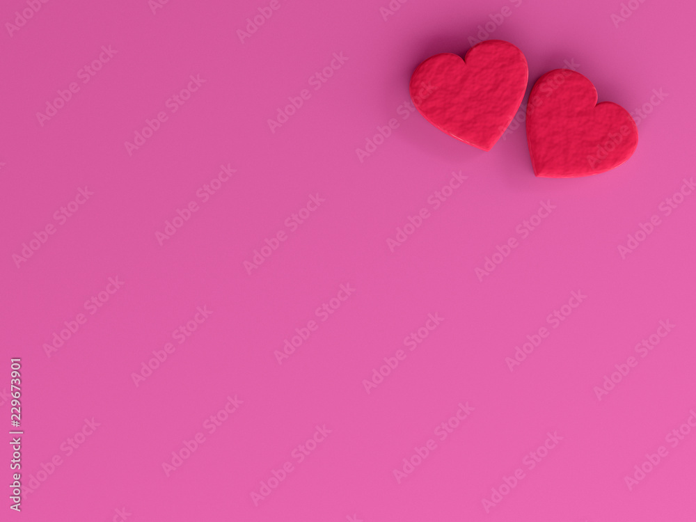 two red heart-shaped chocolate on pink floor, 3D rendering.