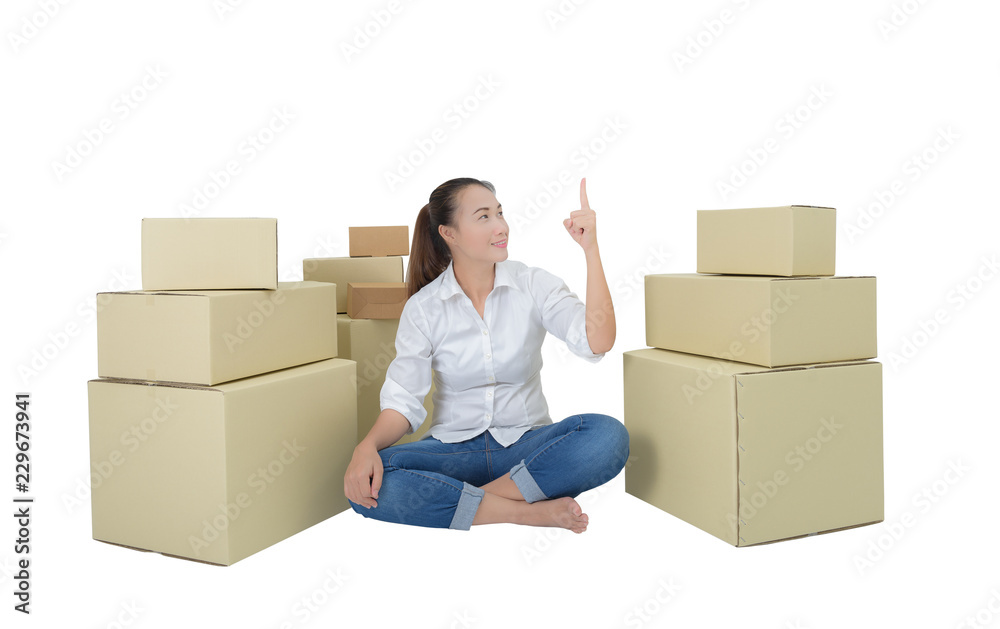 happy woman, business for delivery object into new home happy woman, business for delivery object into new home