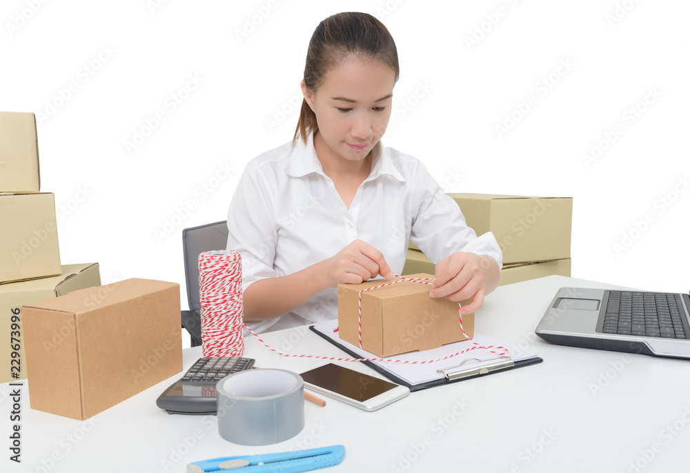 business owner woman working online shopping prepare product packaging process business owner woman working online shopping prepare product packaging process