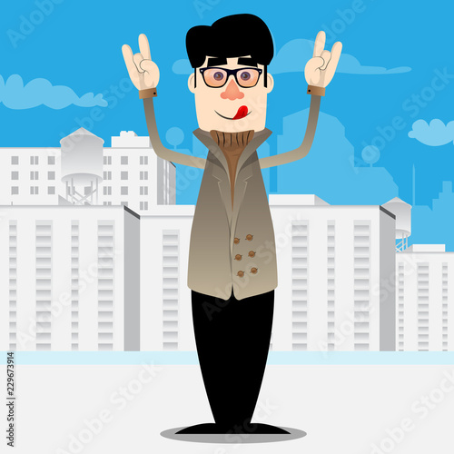 Funny cartoon man dressed for winter with hands in rocker pose. Vector illustration.