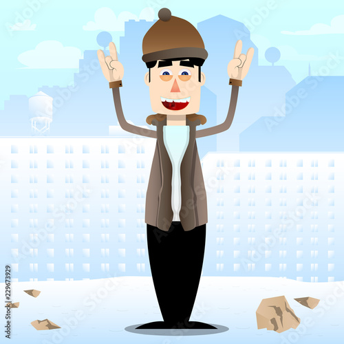 Funny cartoon man dressed for winter with hands in rocker pose. Vector illustration.