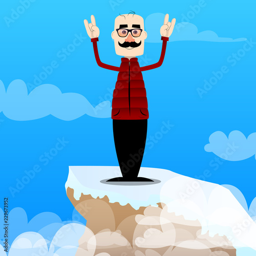 Funny cartoon man dressed for winter with hands in rocker pose. Vector illustration.