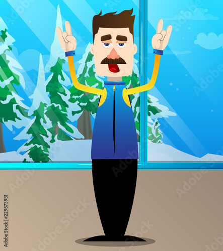 Funny cartoon man dressed for winter with hands in rocker pose. Vector illustration.