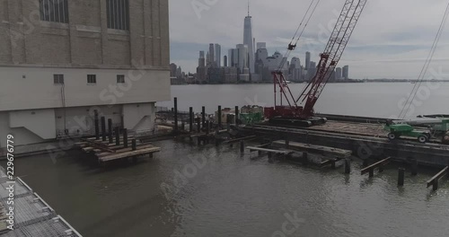 Drone 4K Footage Jersey City Docks NYC Down Town Approach Hudson River Holland Tunnel Air Filter Building Day Shot Version 2 photo