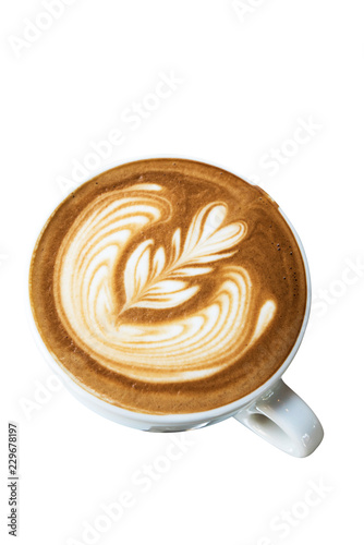 Cup of coffee with latte art isolated on background