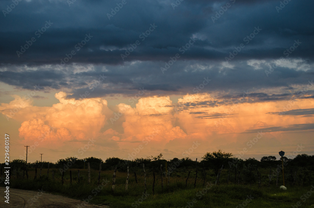 Beautiful sunset landscape with clouds painted with sunlight, sunset landscape, background with many clouds