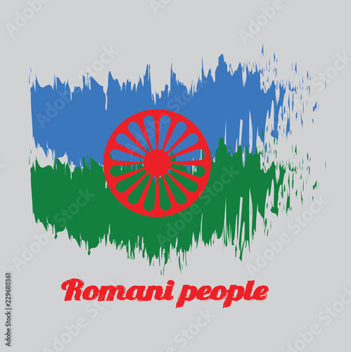 Brush style color flag of Romani people, blue and green background, representing the heavens and earth and red chakra or cartwheel in the center. with text Romani people.