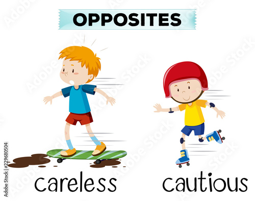 Opposite word of careless and cautious