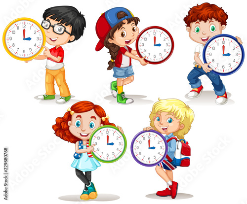 Children holding clock on white background