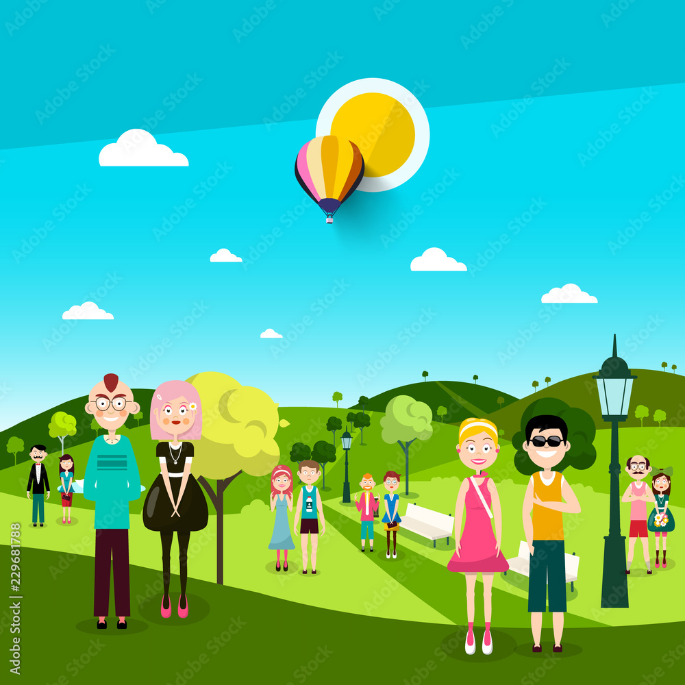 People in Park. Men and Women on Meadow. Vector Landscape with Hills and Hot Air Balloon on Blue Sky with Sun.