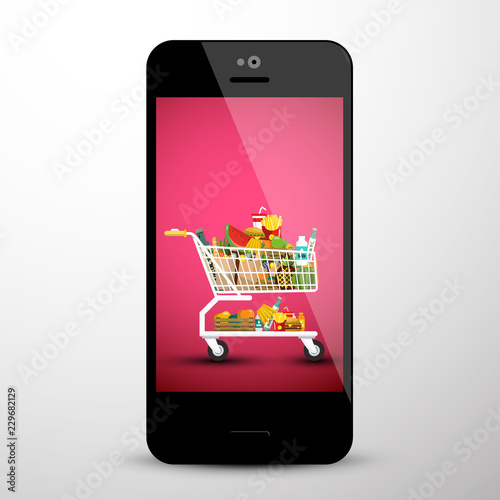 Shopping Cart on Mobile Phone Screen. E Shop App.