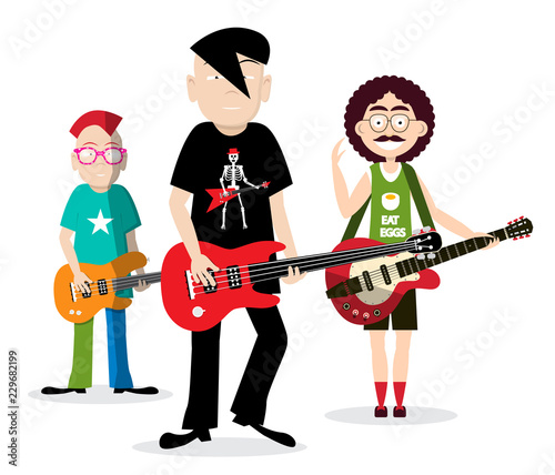 Rock People Playing Guitar. Funky Band Vector Illustration Isolated on White Background.