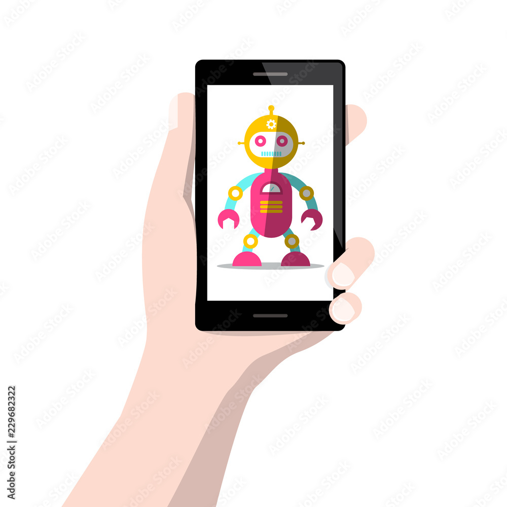 Robot on Mobile Phone Screen in Human Hand Isolated on White Background Robot on Mobile Phone Screen in Human Hand Isolated on White Background