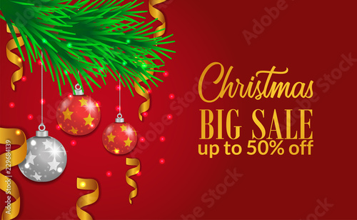 Christmas sale banner template with garland and ball decoration with red background