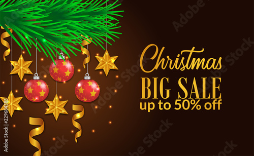 Christmas sale banner with illustration of garland and decoration