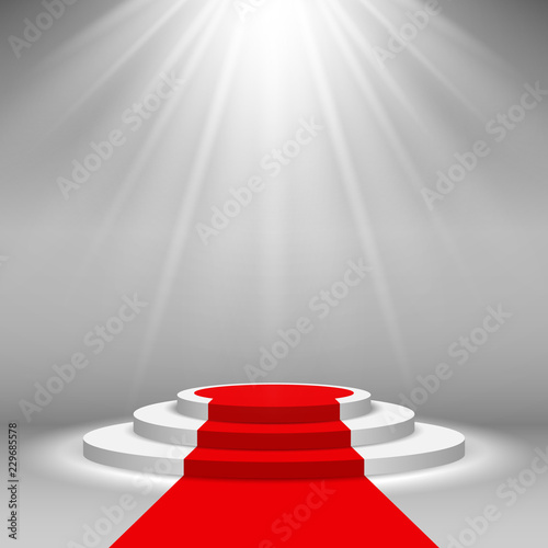 Stage podium illuminated scene spotlight party  award ceremony with red carpet. Vector Illustration