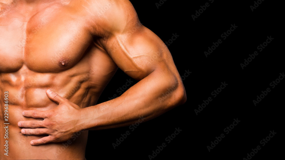 Portrait of sporty strong muscle. Sport workout bodybuilding motivation concept. Sexy naked torso, six pack abs. Male flexing his muscles Portrait of sporty strong muscle. Sport workout bodybuilding motivation concept. Sexy naked torso, six pack abs. Male flexing his muscles
