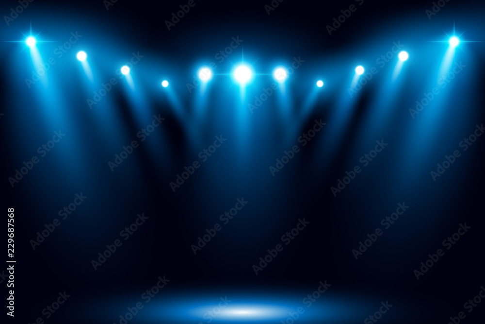 Bright stadium arena blue lighting spotlight vector illustration - obrazy, fototapety, plakaty 