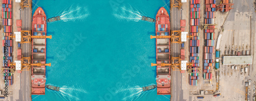 Billede på lærred Aerial view Tug boats drag container ship to sea port and working crane bridge loading container for import  export or transportation concept background