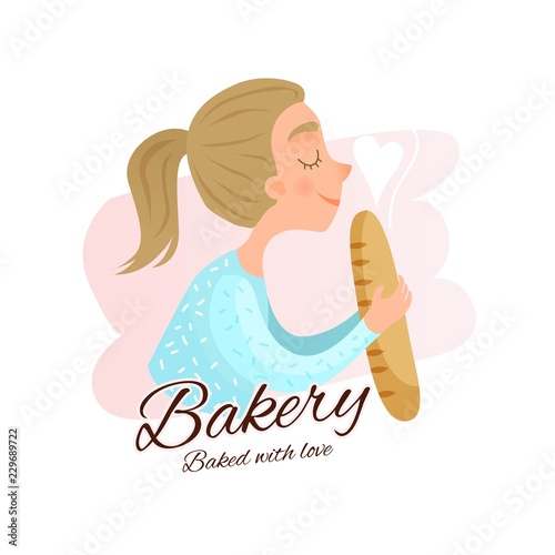 Logo of home baking. Cute girl holding a fresh French loaf