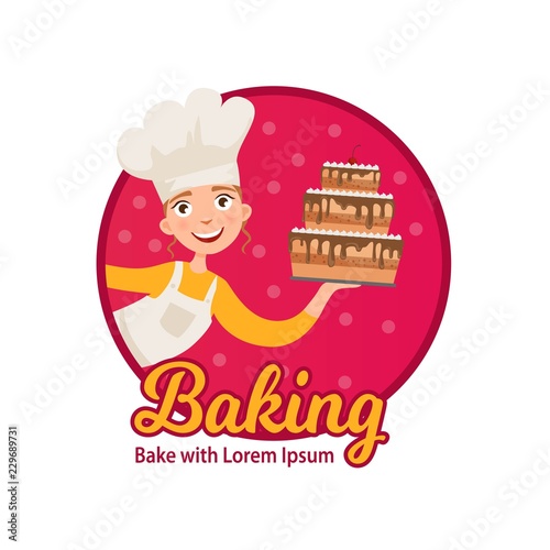 Logo of home baking. Happy girl holding a freshly baked cake.