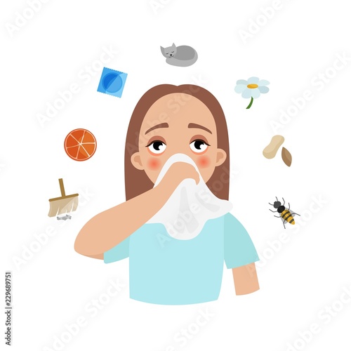 Causes of allergies. Lovely girl with a handkerchief. Allergens.