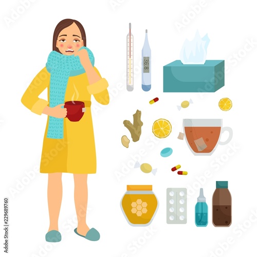 Infographics of influenza. Sick girl with a cup of tea. Treatment of colds