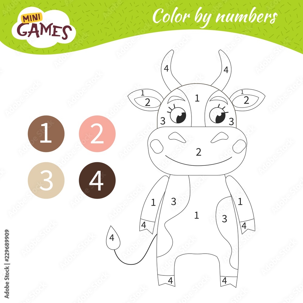 Fototapeta premium Coloring book for children. Coloring by numbers. Cute cartoon cow.