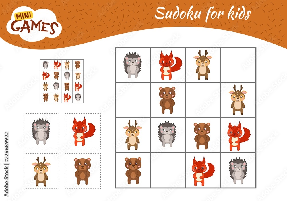 Fototapeta premium Sudoku game for children with pictures. Kids activity sheet. Cartoon forest animals.