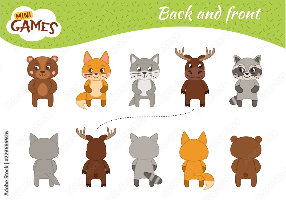 Fototapeta premium Educational game for children. Learning back and front. Cartoon forest animals 