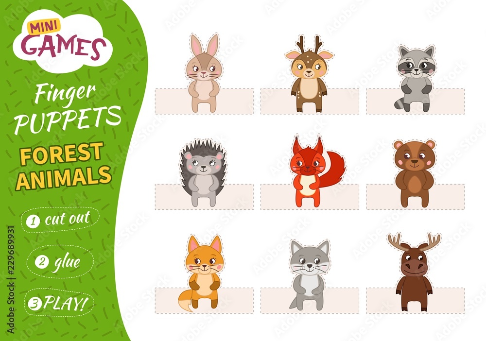 Naklejka premium A set of finger puppets for children. Cut, glue and play. Forest animals.