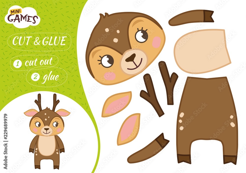Fototapeta premium Education paper game for preshool children. Vector illustration. Cartoon cute deer.