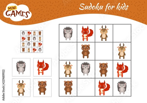 Sudoku game for children with pictures. Kids activity sheet. Cartoon forest animals.