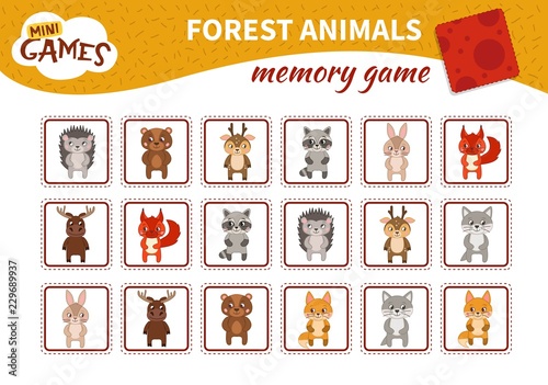 Memory game for preschool children, vector cards with forest animals. Find two identical picture. Kids activity page for book. 